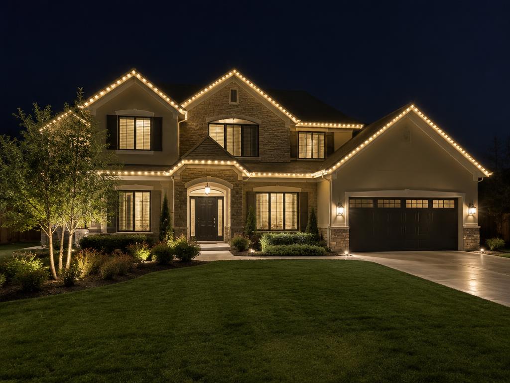 Home with permanent LED roofline lighting at night