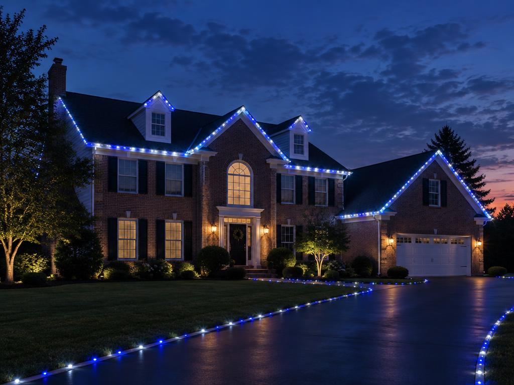 Home with permanent LED roofline lighting at night