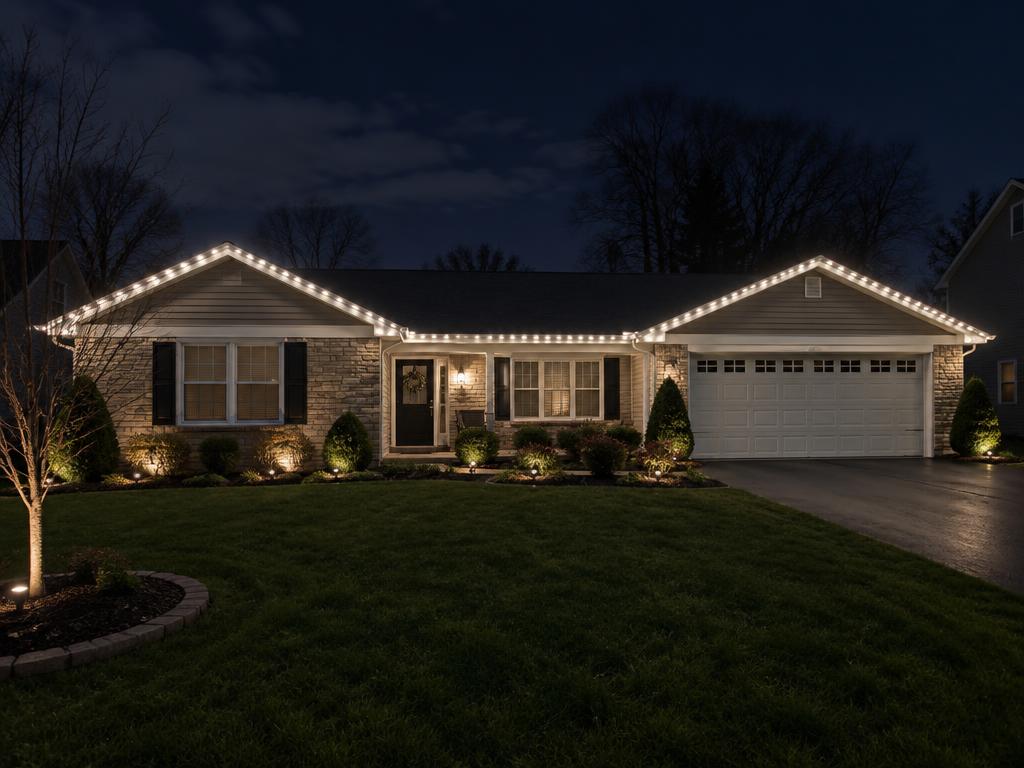 Home with permanent LED roofline lighting at night