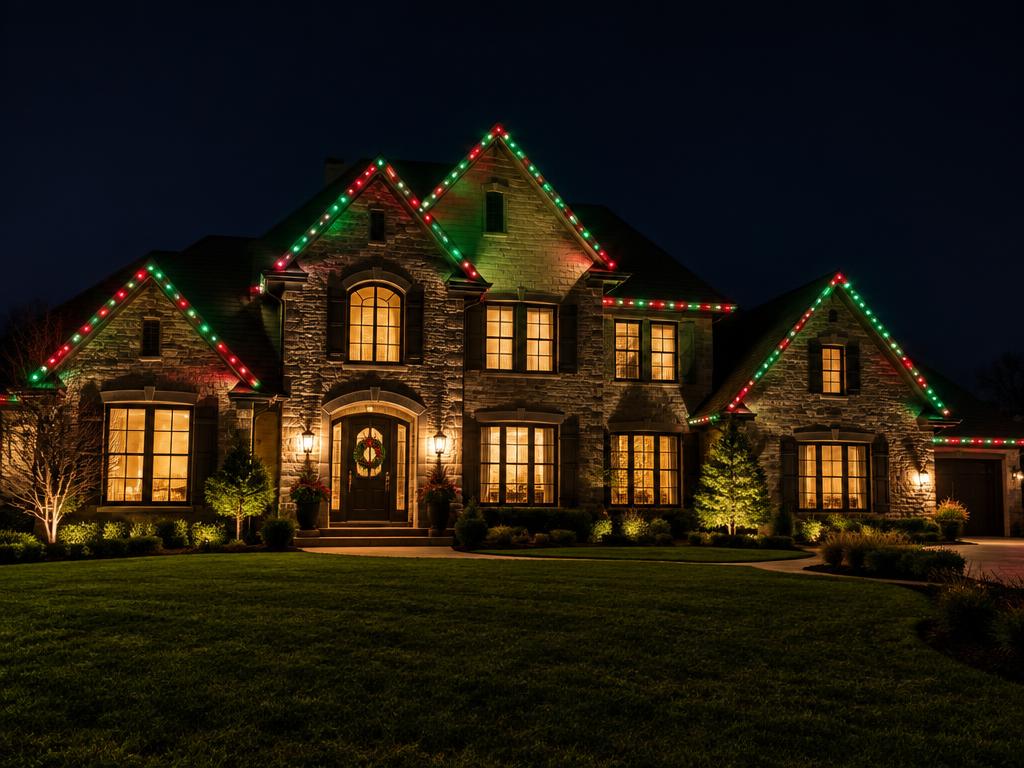Home with permanent LED roofline lighting at night